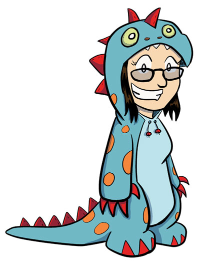 A self-portrait illustration of Lindsay Hornsby in a one-piece dinosaur costume of her own design, with a hood that has a dinosaur face over her own head.